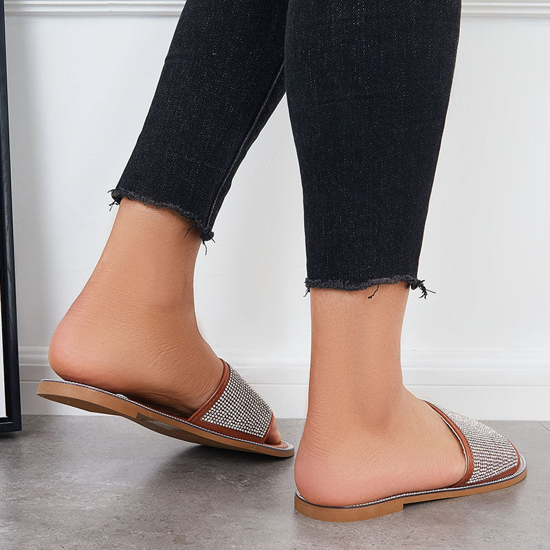 Rhinestone Slip on Flat Slide Sandals Glitter Open Toe Casual Slippers