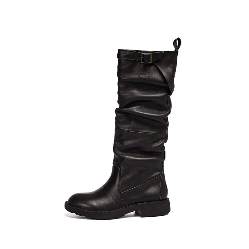 Waxing Leather Knee High Boots Fold Design Riding Boots Buckle Boots in Black/Brown