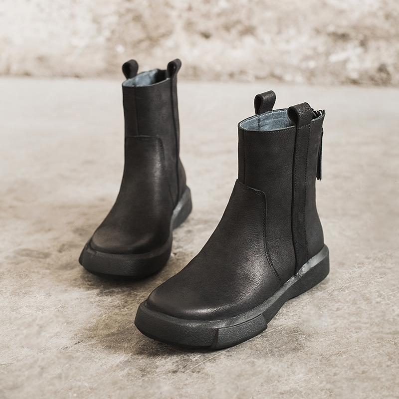 Waxing Leather Chelsea Boots Handmade British Boots Back Zip Black/Coffee/Black Short Plush/Coffee Short Plush