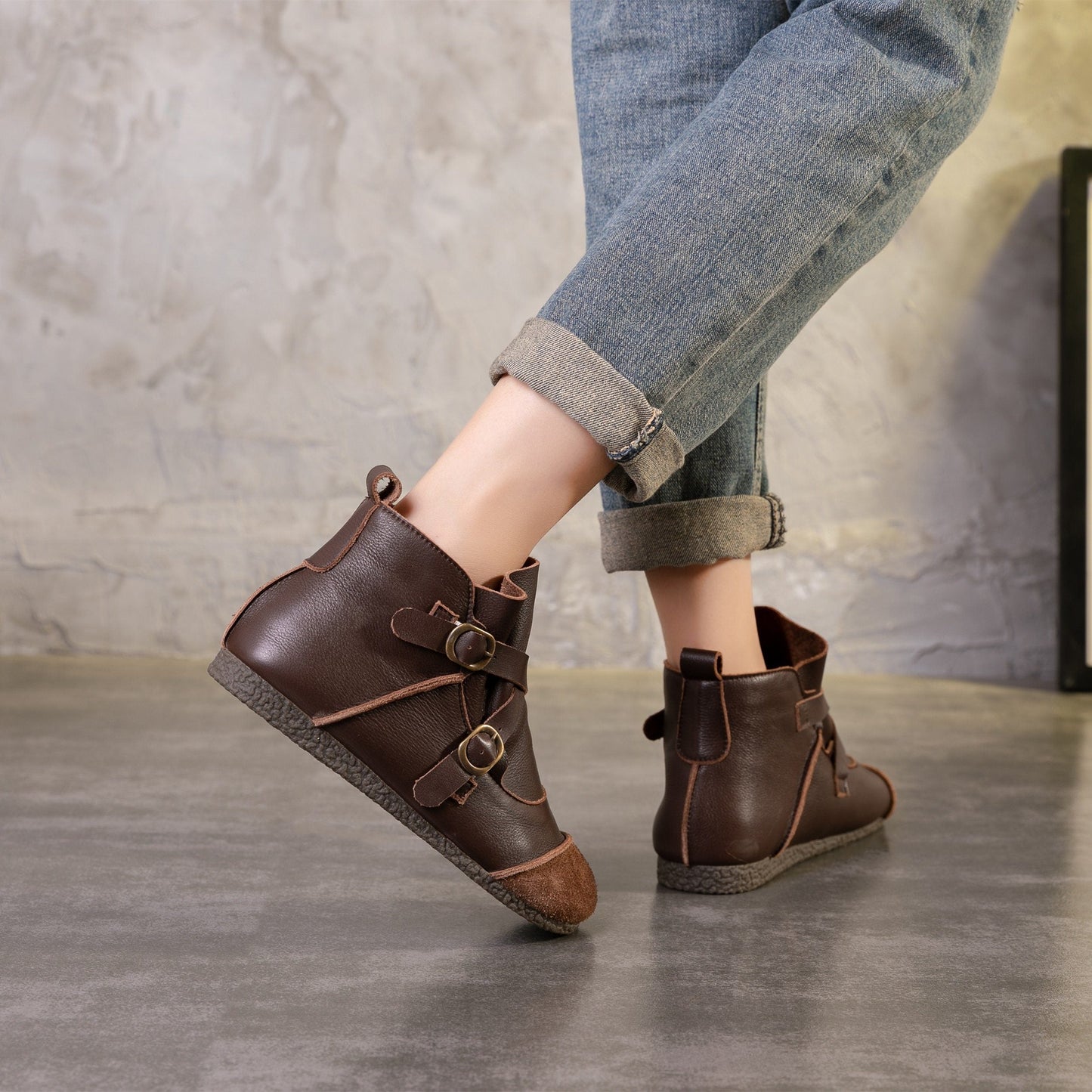 Handmade Women'S Leather Flat Ankle Boots Stitching With Black/Coffee Booties