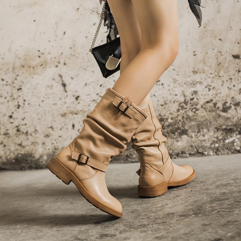 Waxing Leather Mid Calf Boots Fold Design Riding Boots Short Plush Lined Or Leather For Choice Apricot/Brown/Black