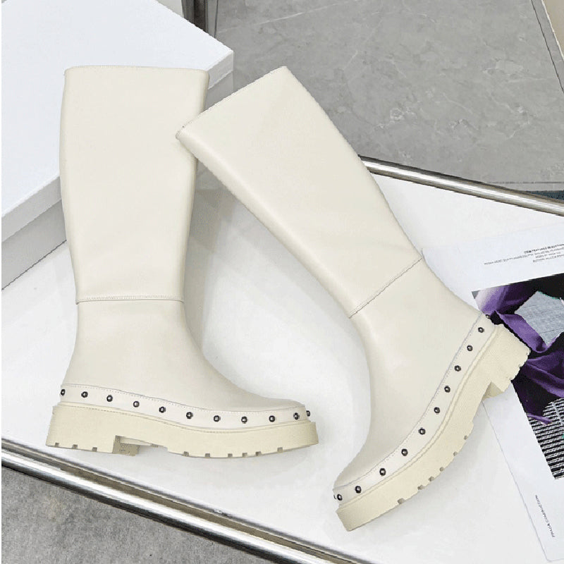 Riding Boots for Women in White/Black Leather - Chunky Sole Tall Boots
