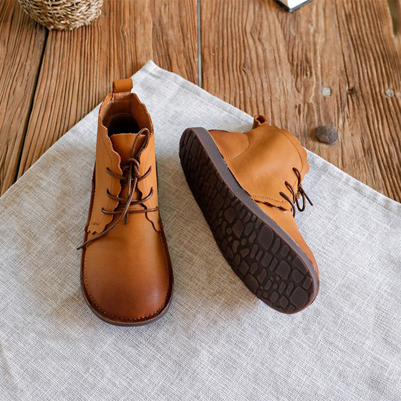 Women's Leather Booties Round Toe Lace-Up Flat Ankle Boots Handmade in Brown/Coffee