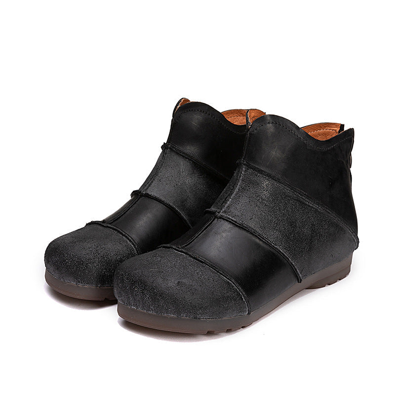 Women Handmade Leather Flats Loafers Boots Color Blocking Ankle Boots Original Design Coffee/Black