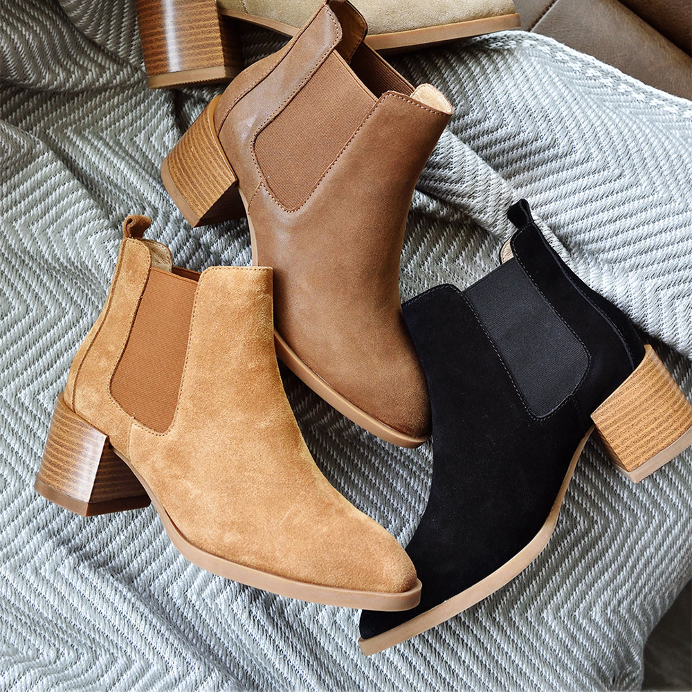 Western Boots for Women Handmade Suede Leather Boots Block Ankle Boots Brown/Apricot/Black/Brown Plush/Apricot Plush/Black Plush