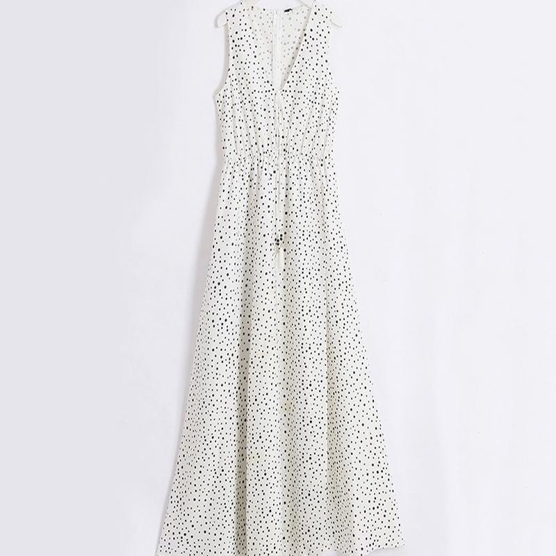 V Neck Dot Printed Floor Length Dress(3 Colors)