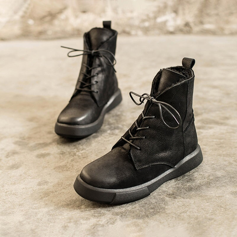 Waxing Leather Shearling Lined Short Boots for Winter Lace Up Snow Boots in Black/Coffee