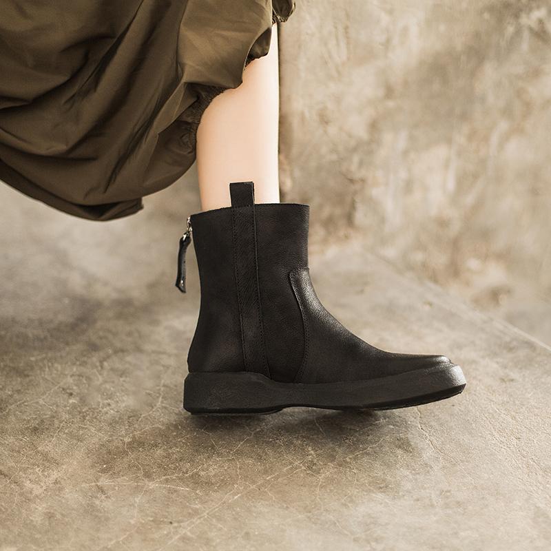 Waxing Leather Chelsea Boots Handmade British Boots Back Zip Black/Coffee/Black Short Plush/Coffee Short Plush