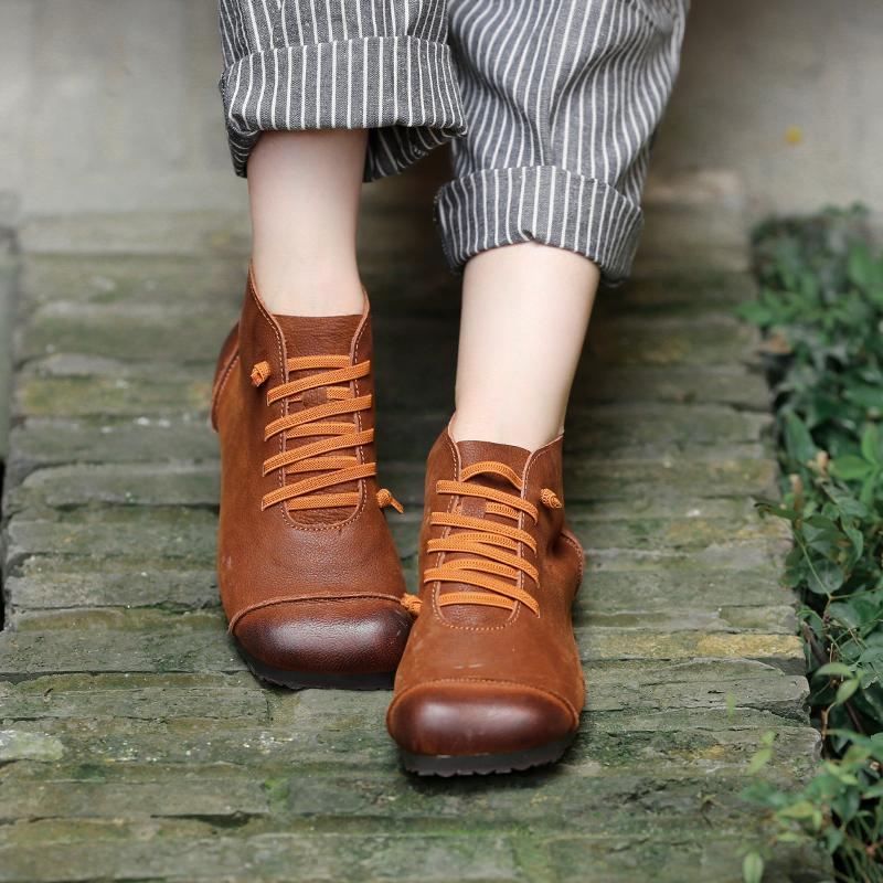 Women Ankle Booties Handmade Leather Low-Heel Square Toe Flat Riding Boots Brown/Black