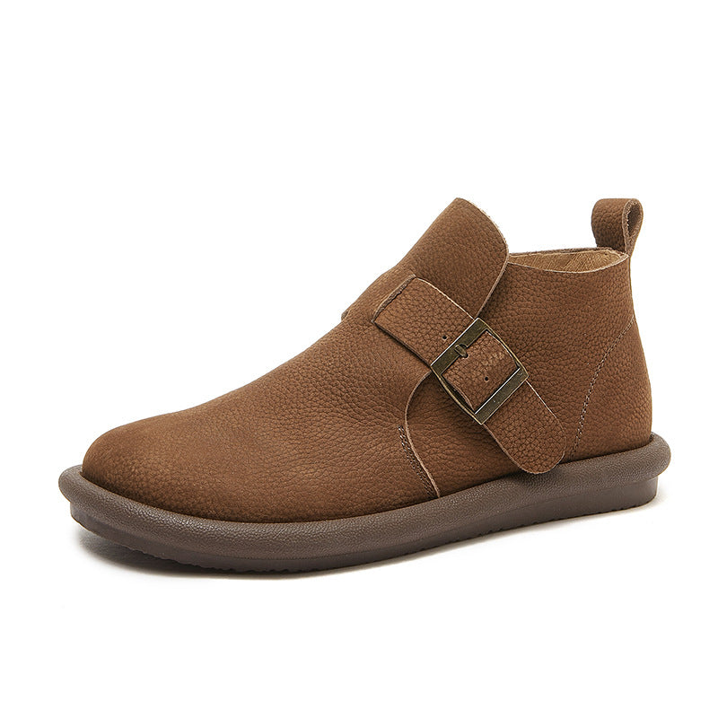 Women's Ankle Boots Leather Round Toe Retro Flat Shoes Casual Buckle Boots Khaki/Coffee