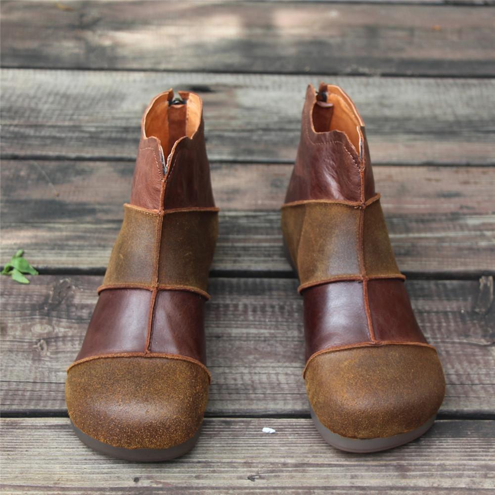 Women Handmade Leather Flats Loafers Boots Color Blocking Ankle Boots Original Design Coffee/Black