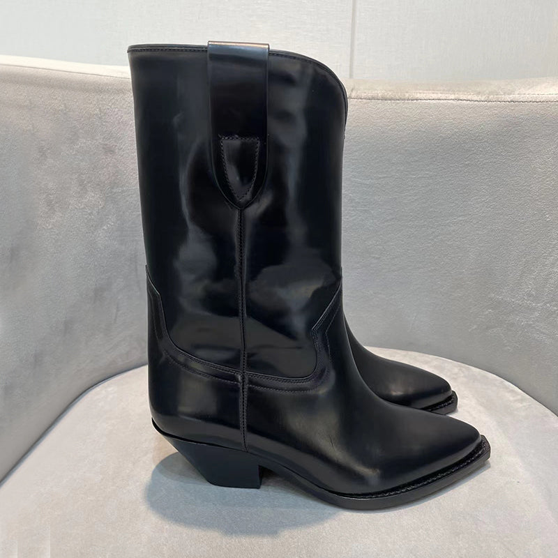 Womens Western Boots Mid Calf Black Leather Cowgirl Boots