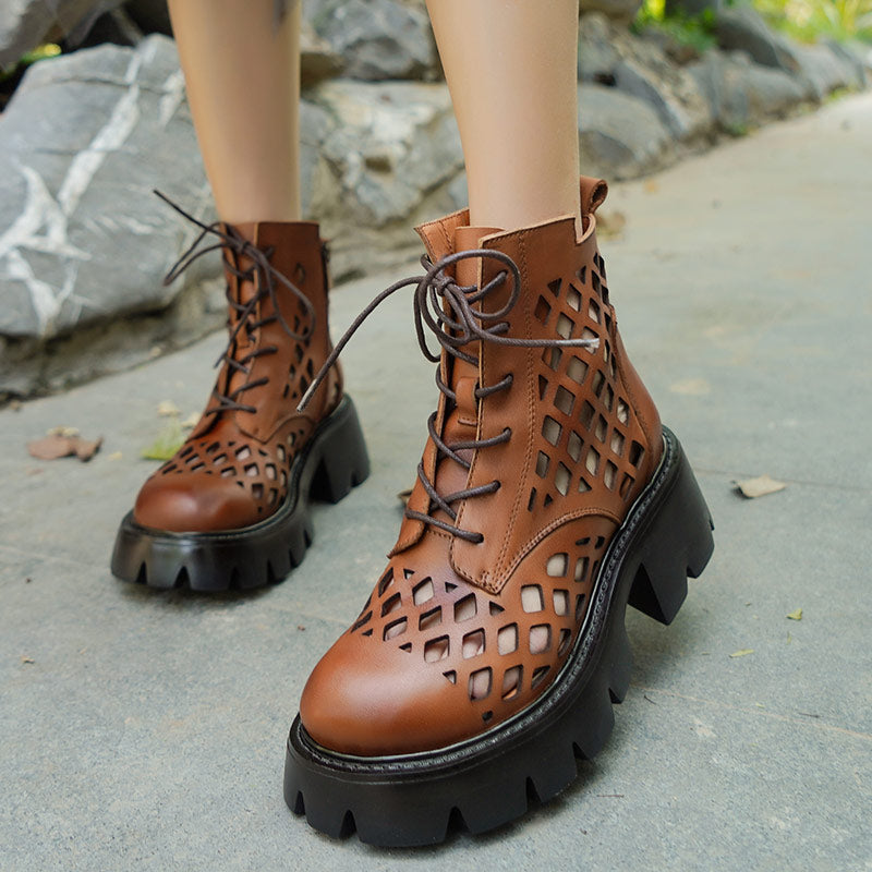 Handmade Genuine Leather Hollow Out Boots Women Summer Boots Side Zipper Chunky Heels Black/Brown