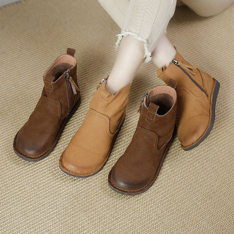 Retro Cowhide Boots Women Comfy Zip Walking Boots Brown/Coffee