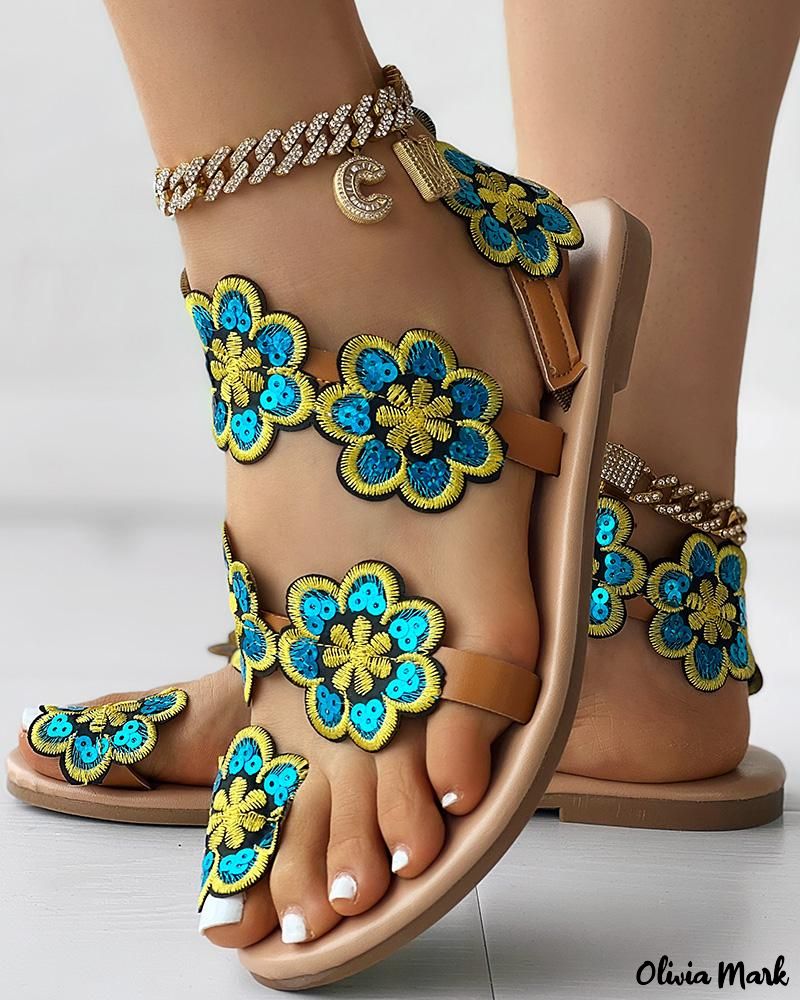 Floral Pattern Toe-Ring Flat Sandals