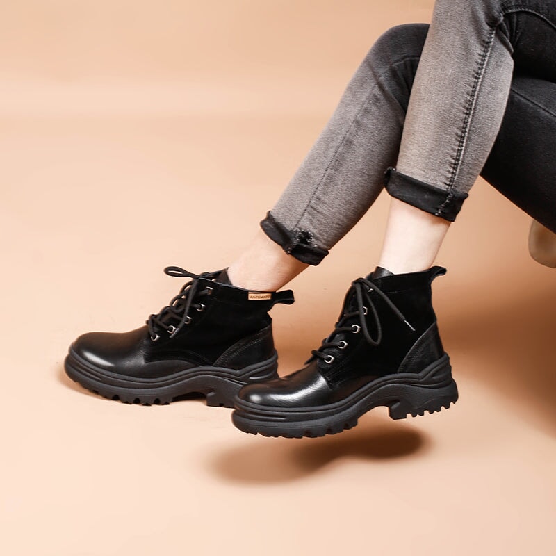 Leather Boots Designer Retro Chunky Riding Boots Handmade in Black/Black Short Plush