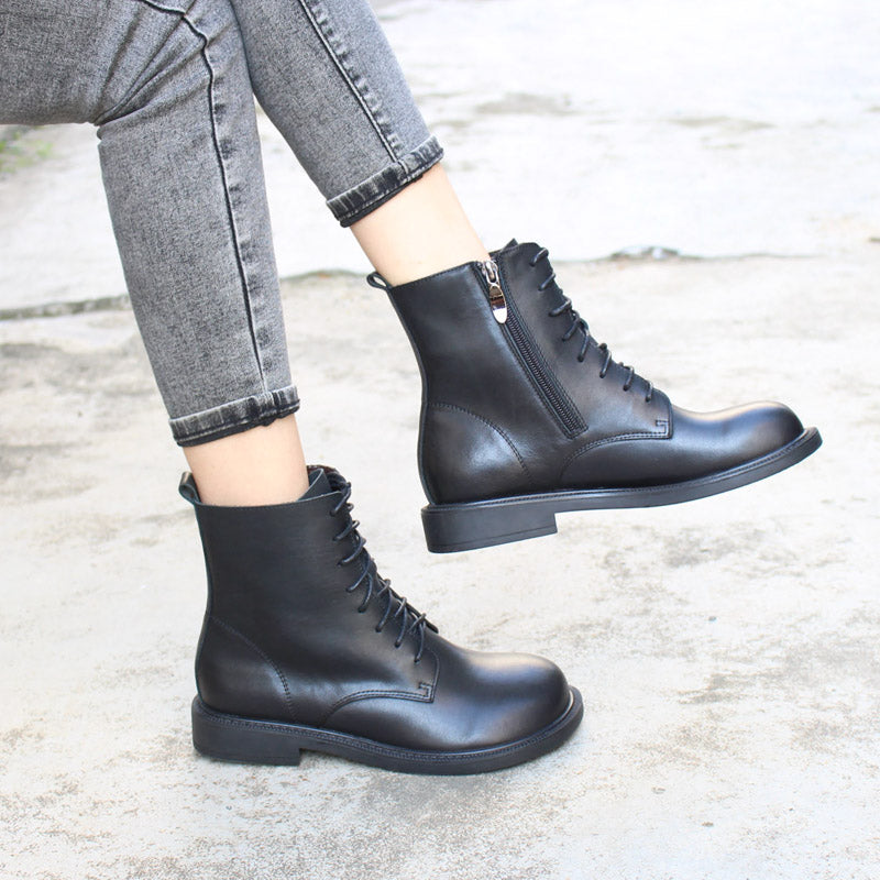 Women Leather Ankle Boots Soft Bottom Flat Round Toe Big-Head Retro Boots Coffee/Black