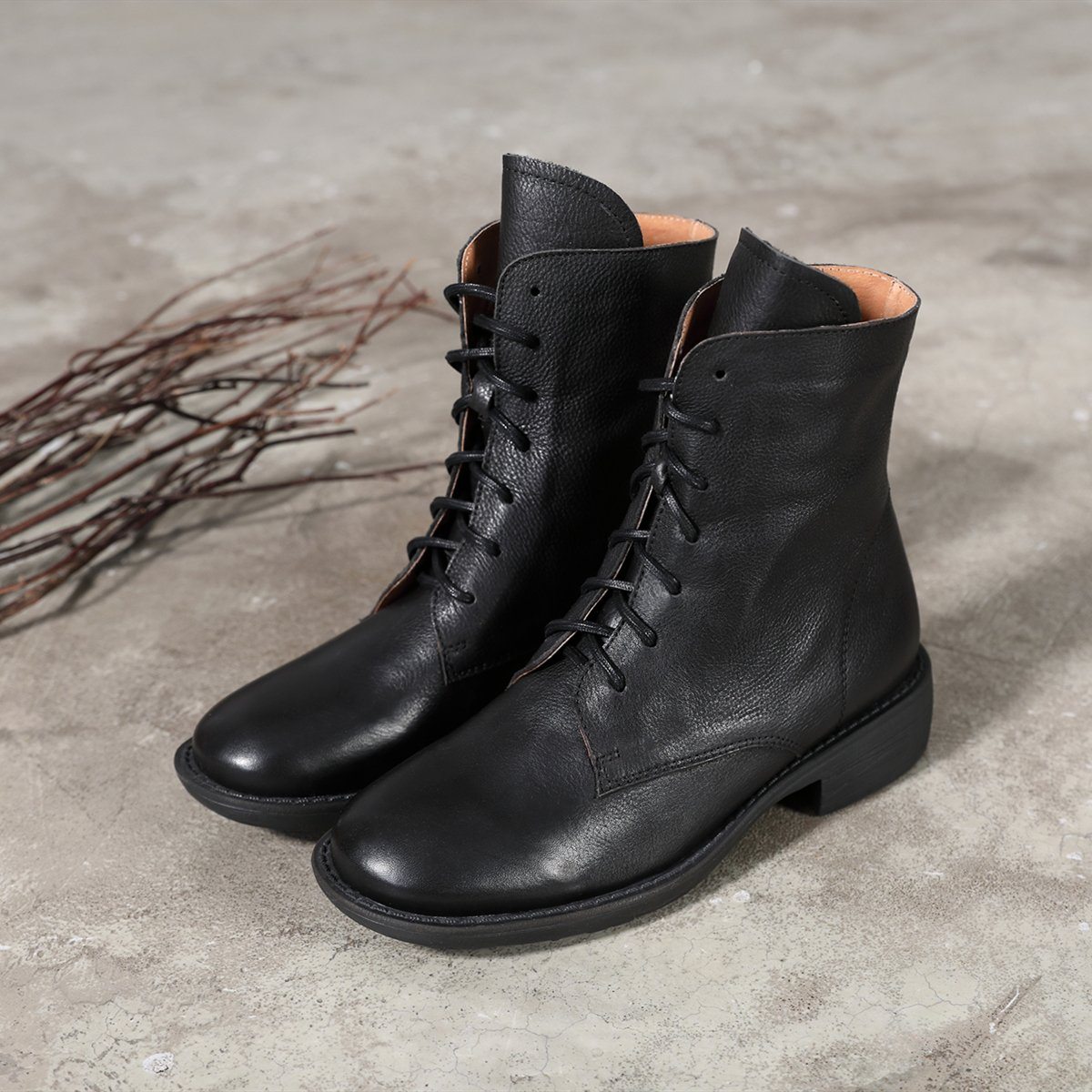 Winter Boots Handmade Genuine Leather Lace-Up Combat Boots Retro Boots Chunky Ankle Boots Black/Coffee