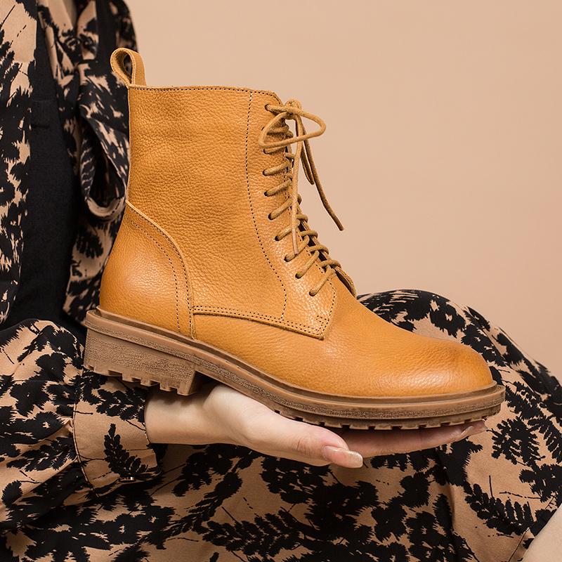 Retro Leather Combat Boots Designer Retro Chunky Riding Boots Side Zip Handmade Dark Yellow/Coffee/Black