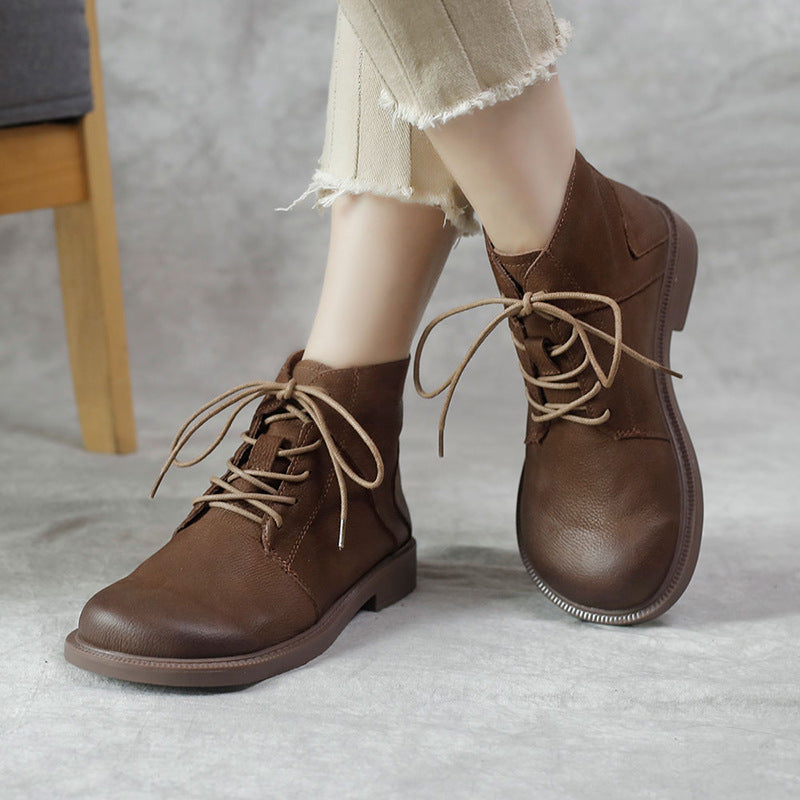 Wide Toes Handmade Genuine Leather Boots Lace-Up Combat Boots Retro Chunky Ankle Boots