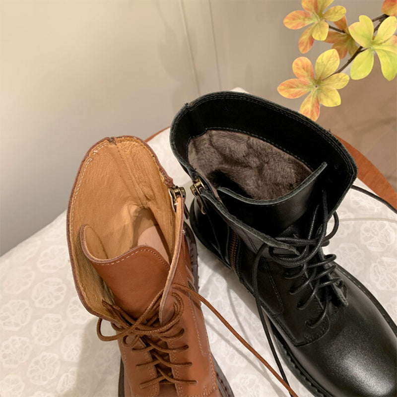 Cow Leather Combat Boots Designer Retro Chunky Lace up Boots Back Zip Brown/Black