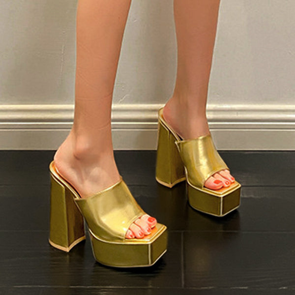 Magic Silver Laser Platform Chunky Heeled Slippers