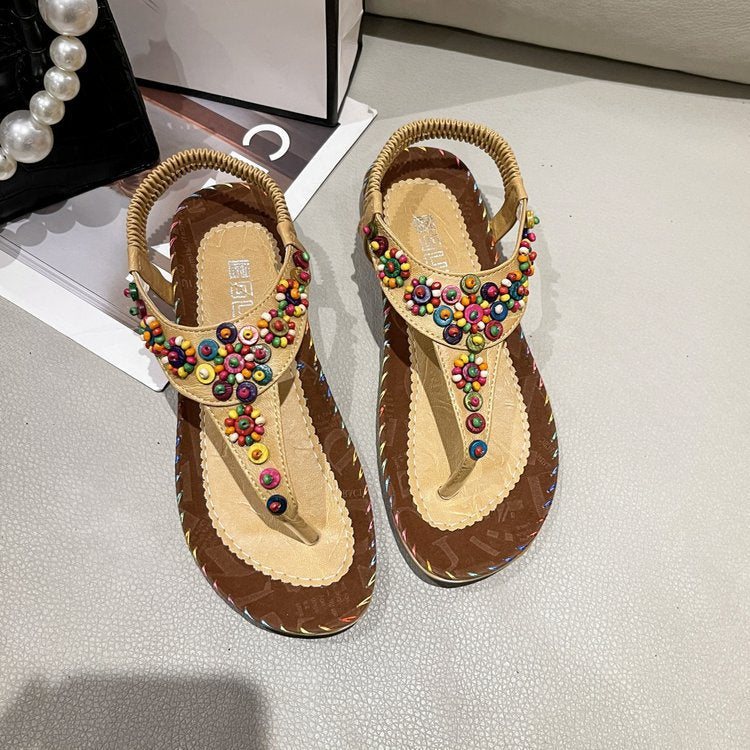 Women's Bohemian Flat Flip-flops Beaded Beach Korean Sandals