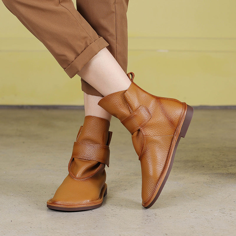Handmade Women's Leather Booties Round Toe Velcro Flat Ankle Boots Brown/Black/Coffee