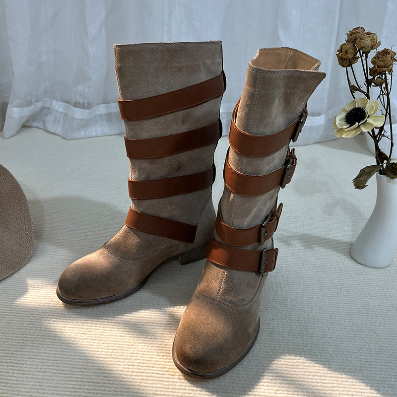 Riding Boots For Women Handmade Leather Mid Calf Boots Chunky Buckle Boots in Brown/Black