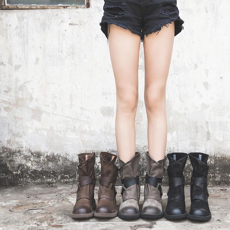 Womens Retro Leather Mid Calf Boots for Winter Buckles Boots in Coffee/Black/Grey/Deep Grey