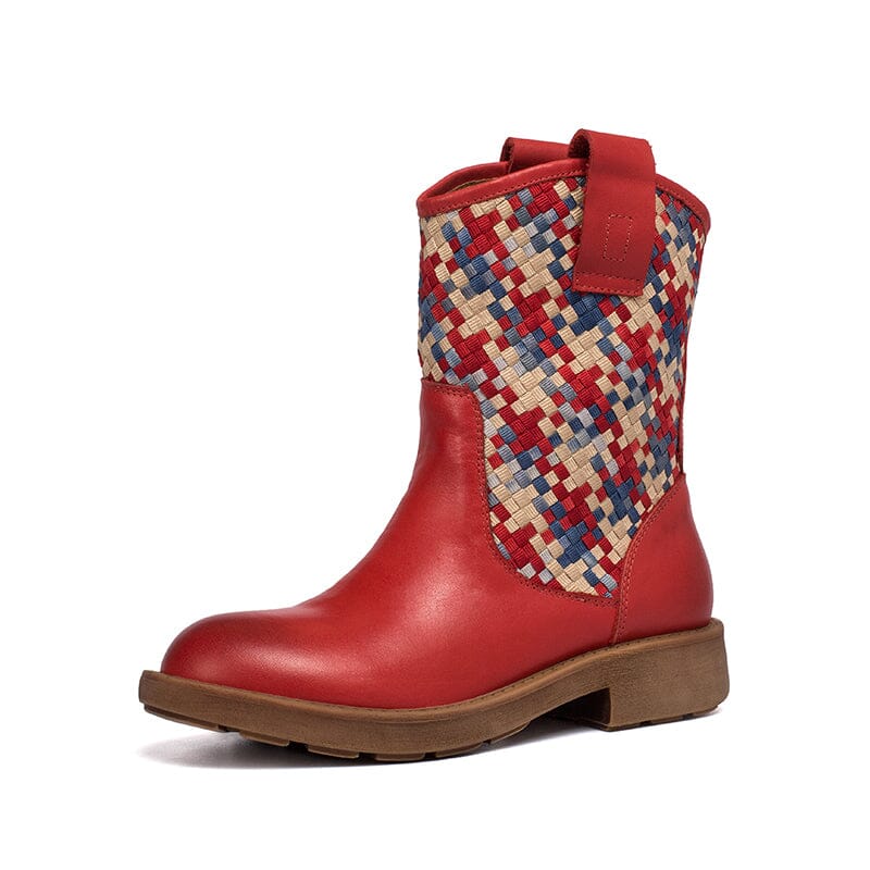 Woven Leather Boots Mid Calf Color Blocking Design Cowgirl Boots In Green/Apricot/Red/Black