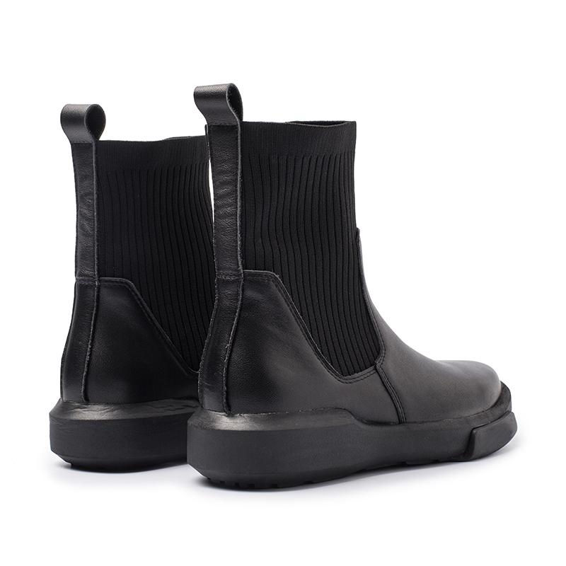 Waxing Leather Chelsea Boots Handmade British Sock Boots Black/Black Short Plush