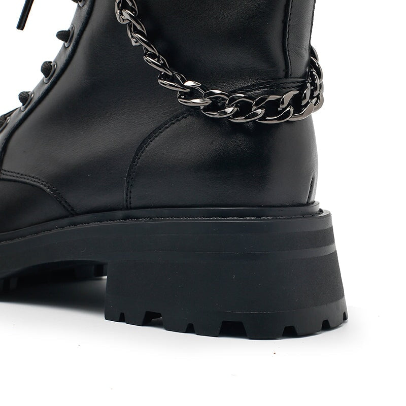 Leather Short Boots Lace up Combat Boots with Metal Chain Detail in Black