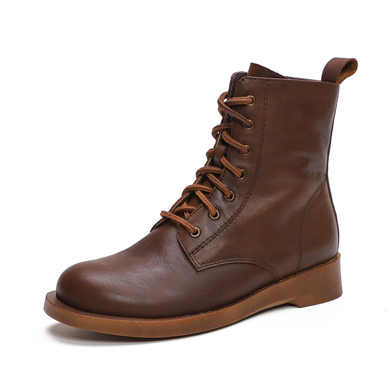 Winter Boots Handmade Genuine Leather Lace-Up Combat Boots Retro Boots Chunky Ankle Boots Black/Coffee