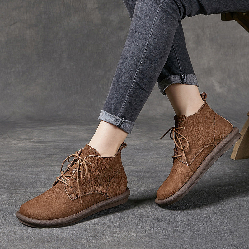 Handmade Leather Lace Up Ankle Boots For Women Soft Short Boots in Khaki/Coffee/Green