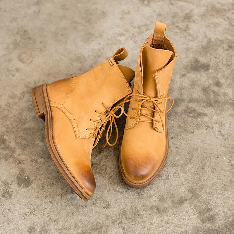 Handmade Women Matte leather Biker Boots Classic Combat Boots Black/Yellow