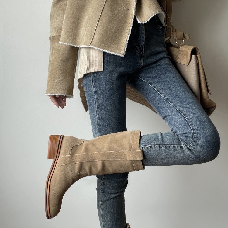 Womens Suede Leather Mid Calf Boots In Black/Khaki