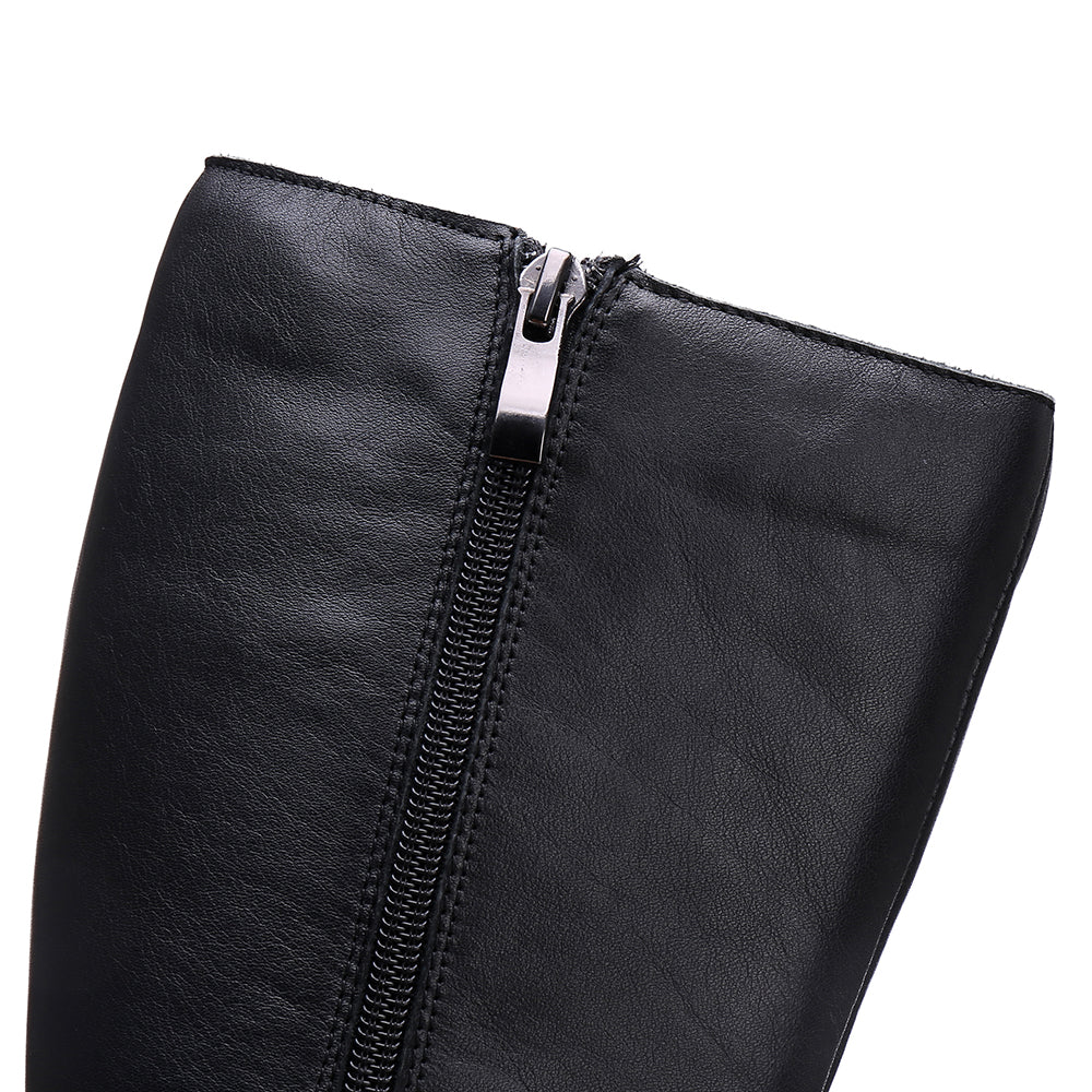 Handmade Soft Leather Knee High Boots Side Zip Riding Boots Short Plush Lining in Black/Brown