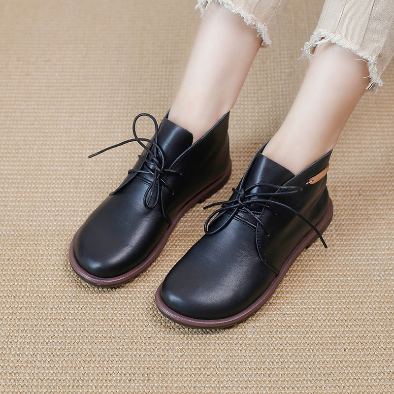 Women's Leather Booties Round Toe Lace-Up Flat Ankle Boots Handmade in Camel/Black