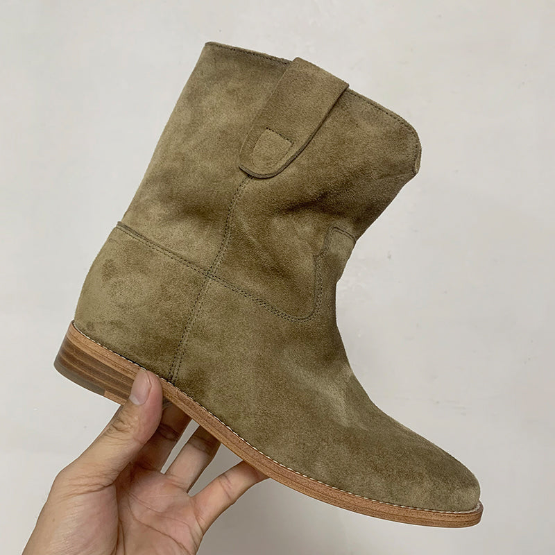Womens Suede Leather Mid Calf Western Cowboy Boots In Black/Khaki/Brown/Grey