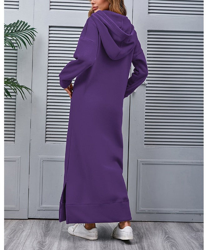 Autumn Winter New Loose Velvet Casual Fashion Big Pocket Knitted Hooded Maxi Dress