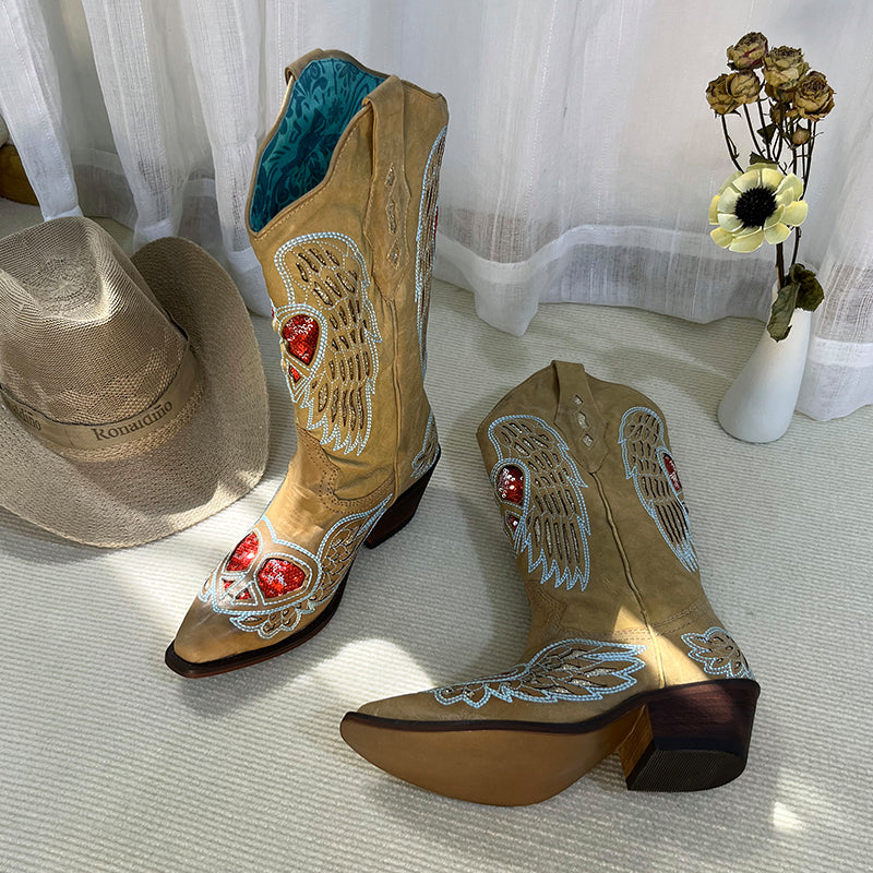 Womens Western Contrast-stitching Cowboy Boots Rivet Decorate- Khaki Cowgirl Boots All Genuine Leather