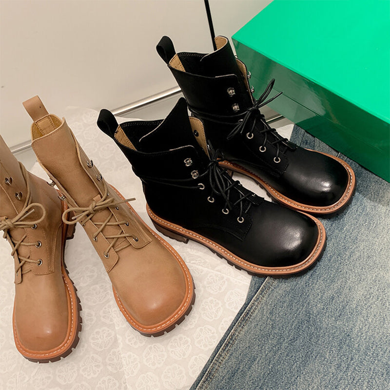 Womens Boots Lace Up Leather Ankle Boots in Yellow/Black