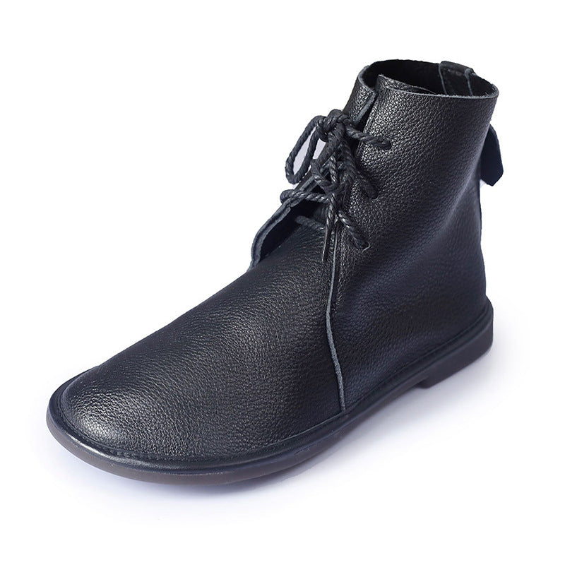 Handmade Women's Leather Booties Round Toe Lace-Up Flat Ankle Boots Brown/Black/Coffee