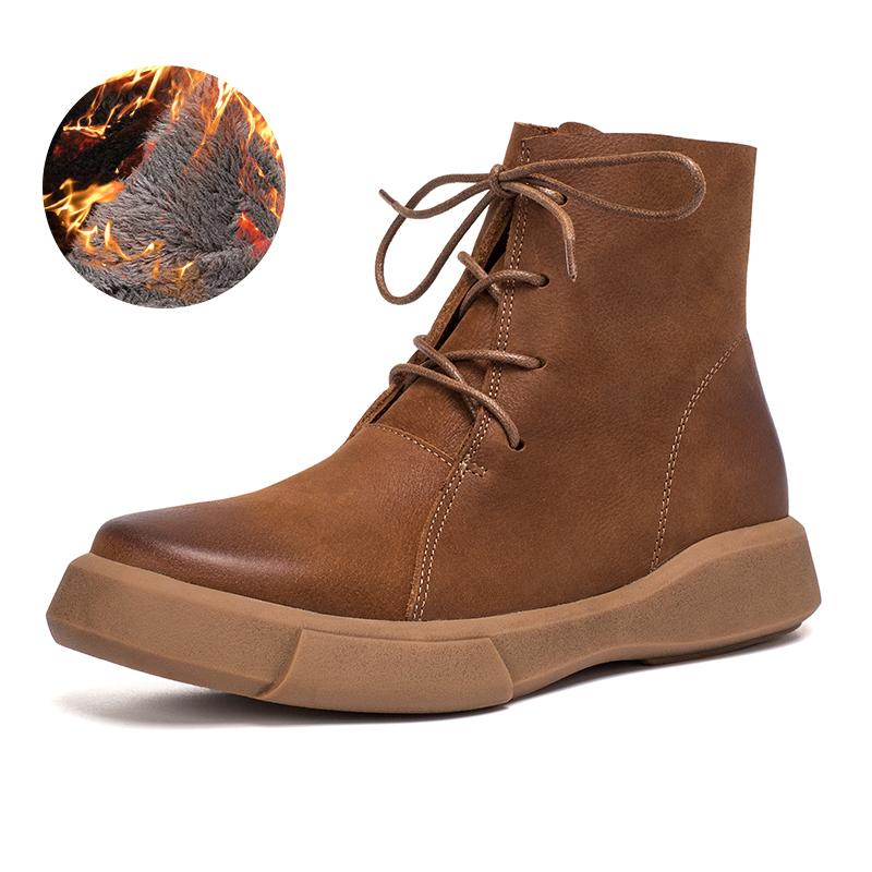 Lace Up Boots for Women Handmade Leather Flat Ankle Boots Brown/Coffee/Black