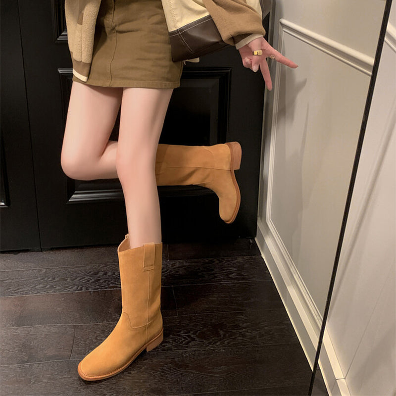 Womens Suede Leather Mid Calf Boots In Black/Brown