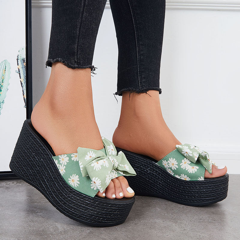 Platform Wedge Sandals Bowknot Slides Casual Open Toe Slip on Dress Slippers