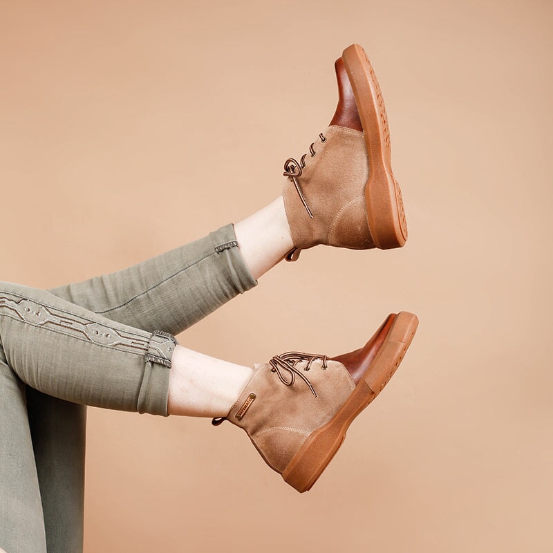 Womens Boots Lace Up Vegetable Tanned Leather Ankle Boots in Coffee/Coffee Short Plush