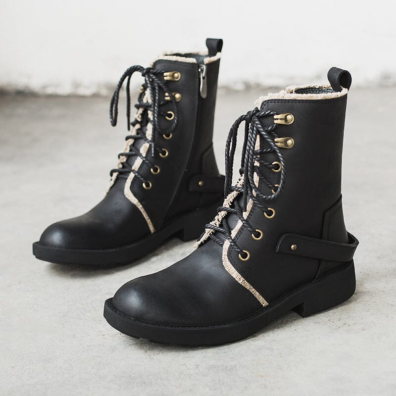 Crazy Horse Leather Combat Boots Designer Retro Chunky Riding Boots Dark Coffee/Black
