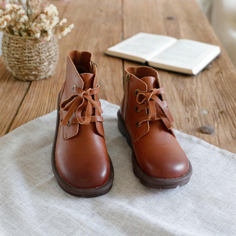 Handmade Retro Leather Ankle Boots For Women Side Zipper Black/Brown